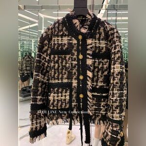 Heavy Industrial Black and Gold Woven Fringe Wool Tweed Jacket Women coat luxury